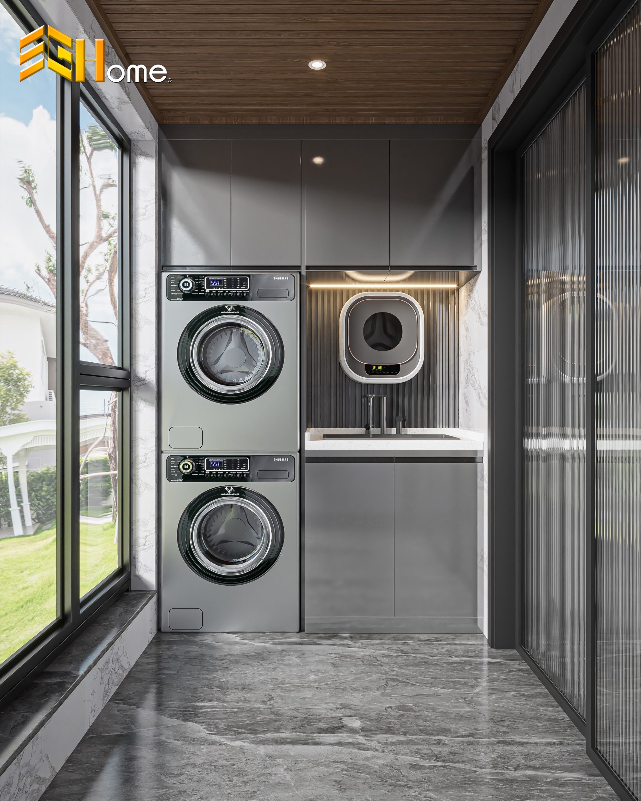 Thiết kế tủ máy giặt màu xám cho nhà chung cư