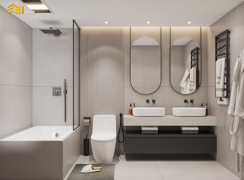 Tủ lavabo nhựa màu xám với thiết kế đa năng nhà cô Ngọc