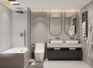 Tủ lavabo nhựa màu xám với thiết kế đa năng nhà cô Ngọc