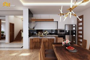 Tủ bếp chữ U bằng nhựa hiện đại với vân giả gỗ tại Bình Dương