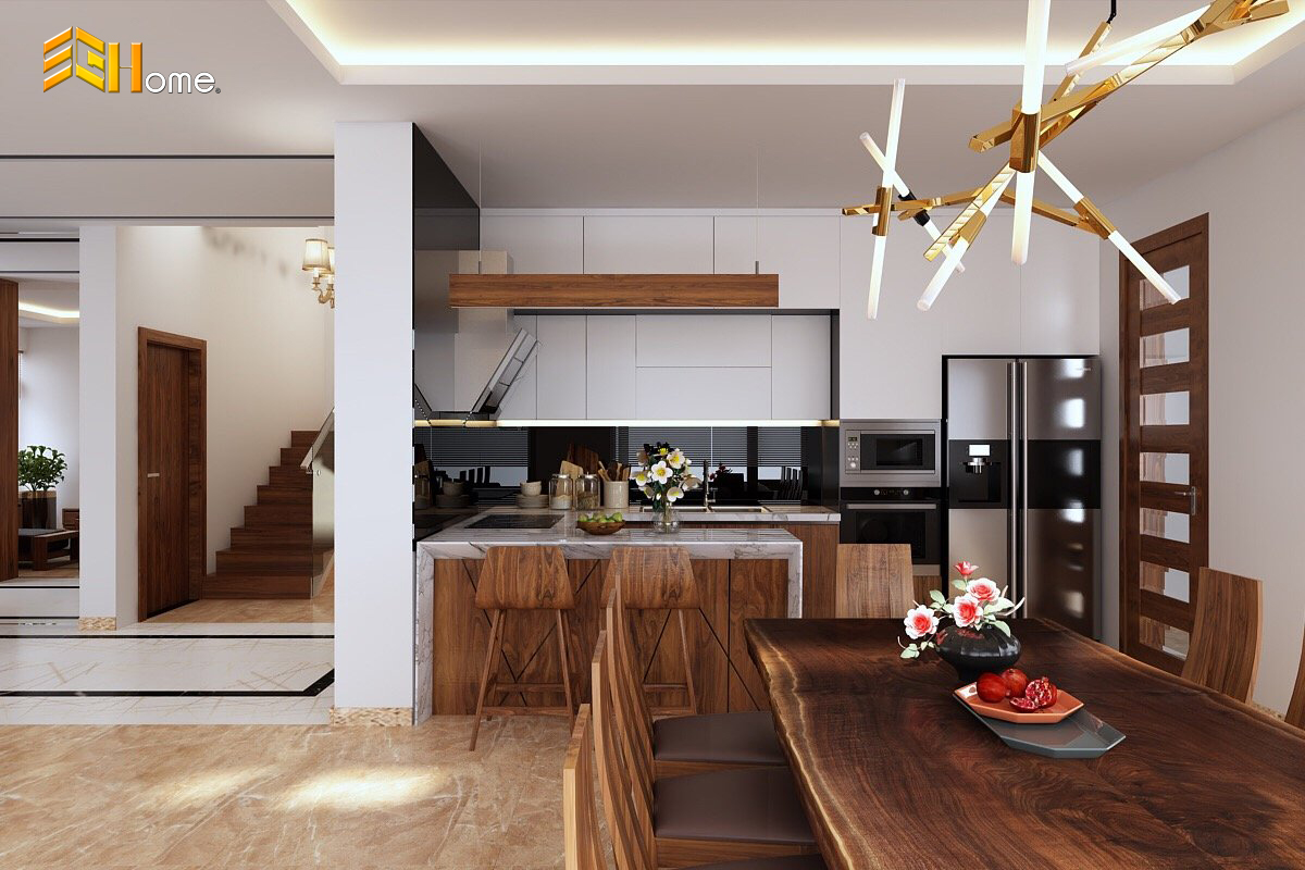 Tủ bếp chữ U bằng nhựa hiện đại với vân giả gỗ tại Bình Dương