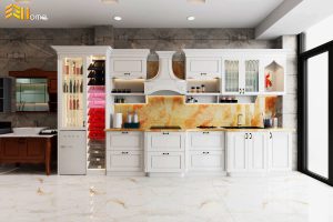 Tủ bếp nhựa tân cổ điển trưng bày tại showroom Sài Gòn Homes