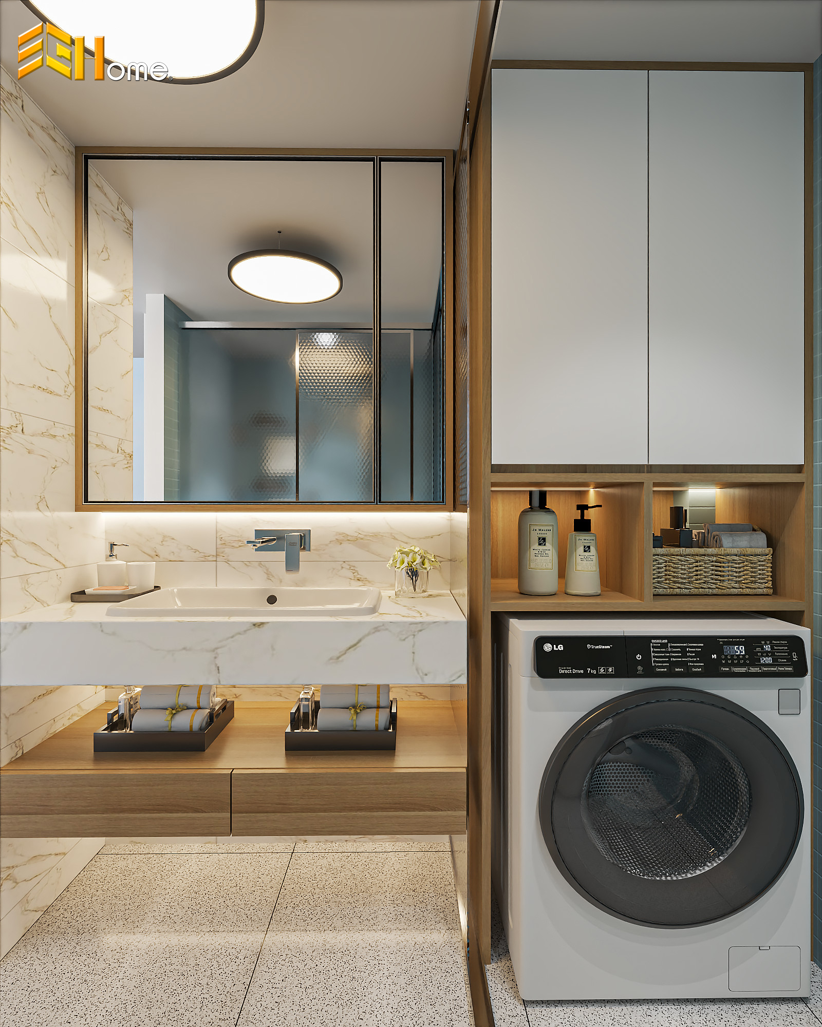 Tủ lavabo kết hợp tủ máy giặt trong phòng tắm tiện lợi