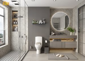 Mẫu tủ lavabo treo màu trắng tinh khôi nhà chị Hà