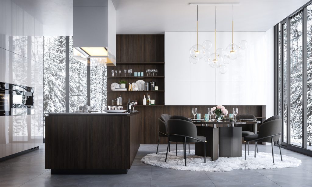 Tủ bếp hiện đại hình chữ L giả vân gỗ nhà bà Hòa