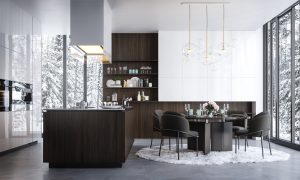 Tủ bếp hiện đại hình chữ L giả vân gỗ nhà bà Hòa