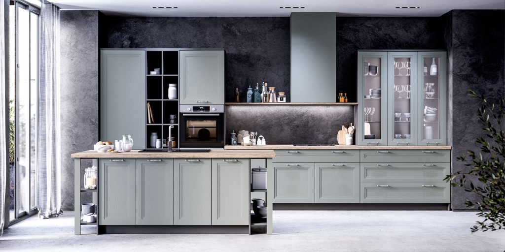 Vẻ đẹp ấn tượng của bộ tủ bếp chữ I màu xanh xám nhà chú Tùng