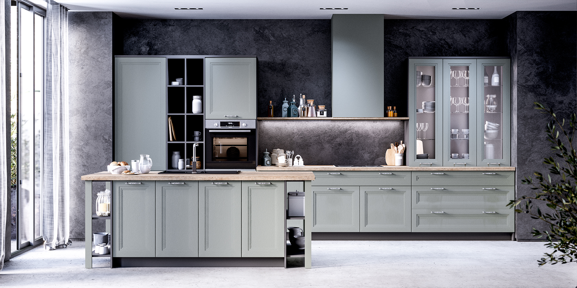 Vẻ đẹp ấn tượng của bộ tủ bếp chữ I màu xanh xám nhà chú Tùng