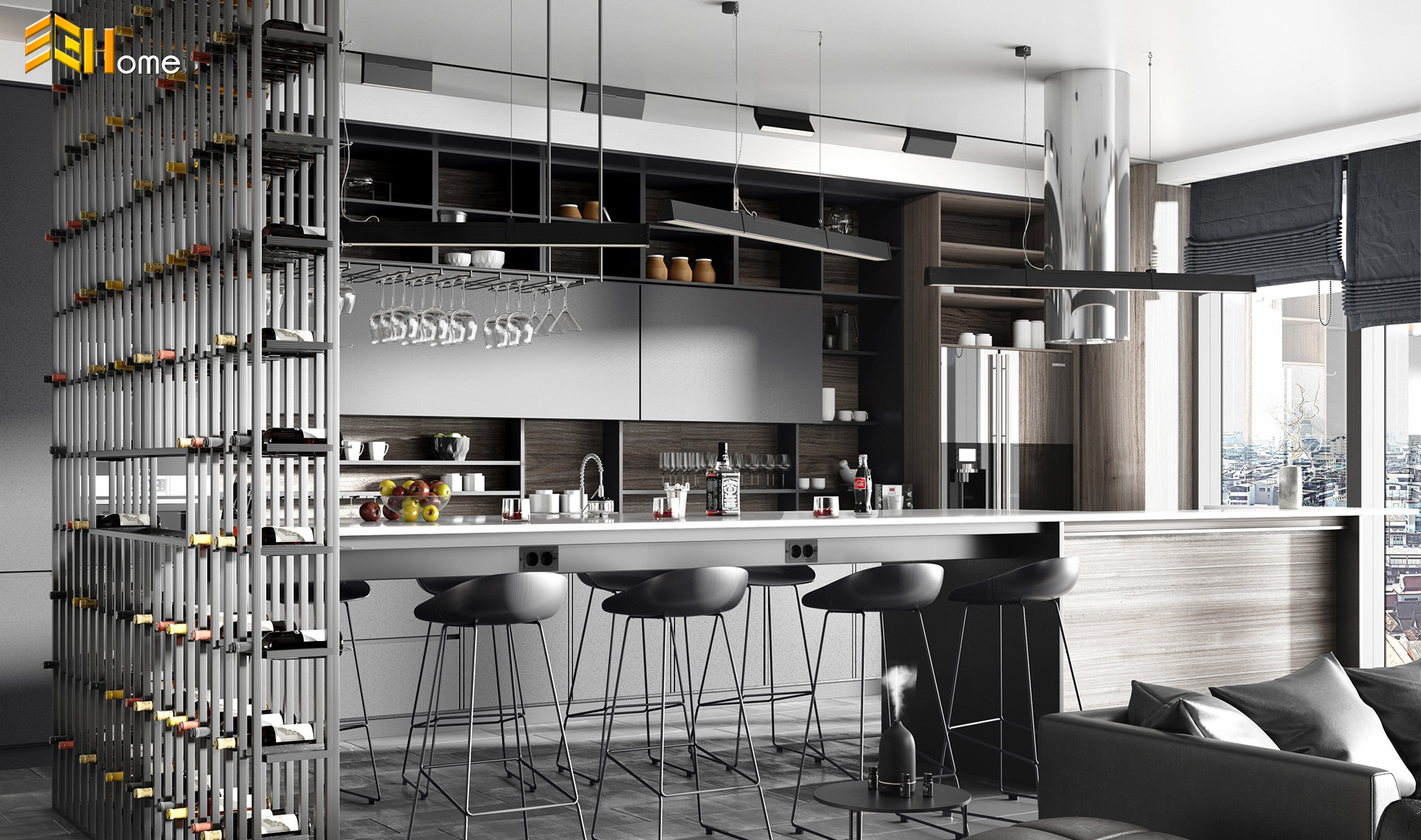 Huyền bí với mẫu tủ bếp kết hợp quầy bar nhà anh Trung – Quận 1