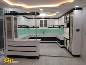 Thi công tủ bếp chữ U kết hợp quầy bar rộng rãi nhà chị Quỳnh – Củ Chi