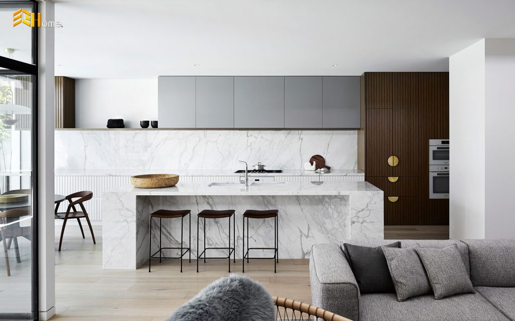 Thiết kế tủ bếp chữ I kết hợp đảo bếp phong cách Âu Mỹ nhà anh Thái – Quận 2