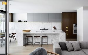 Thiết kế tủ bếp chữ I kết hợp đảo bếp phong cách Âu Mỹ nhà anh Thái – Quận 2