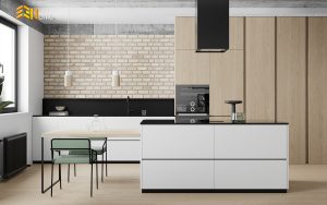 Mẫu tủ bếp chữ I kết hợp giả vân gỗ hiện đại nhà chú Hải – Long An