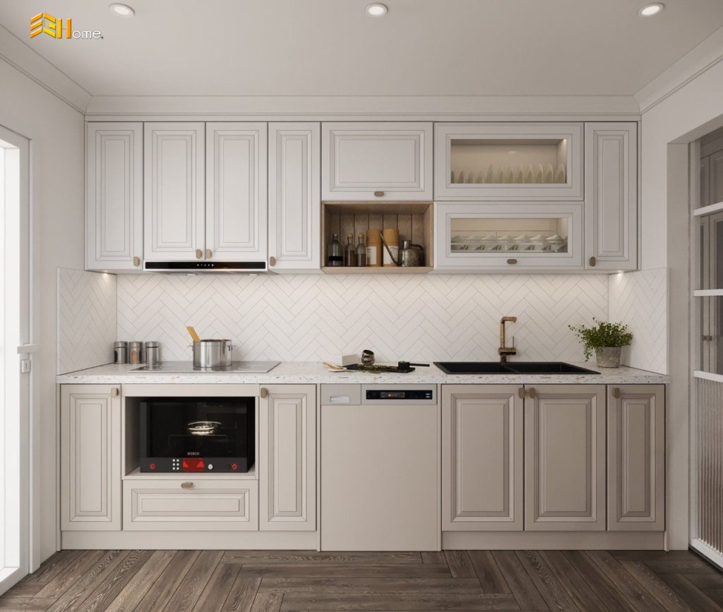 Thiết kế hệ tủ bếp chữ I song song kiểu dáng cổ điển