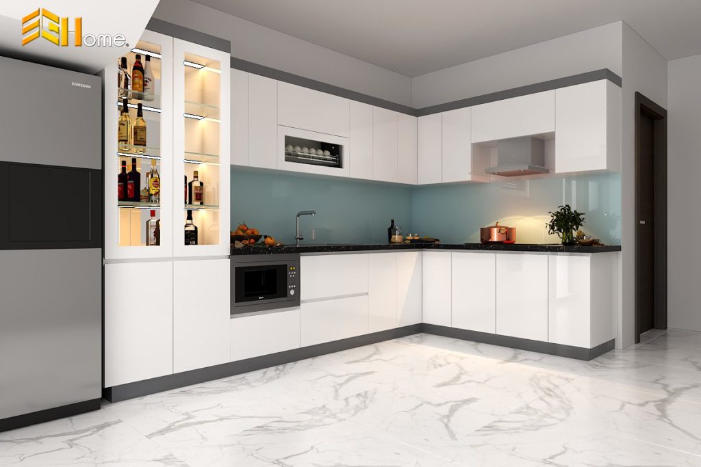 Tủ bếp chữ L màu trắng nhà chị Linh – Bình Chánh