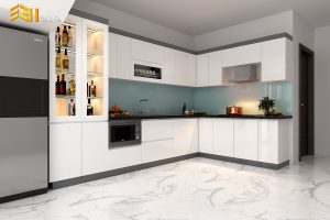 Tủ bếp chữ L màu trắng nhà chị Linh – Bình Chánh