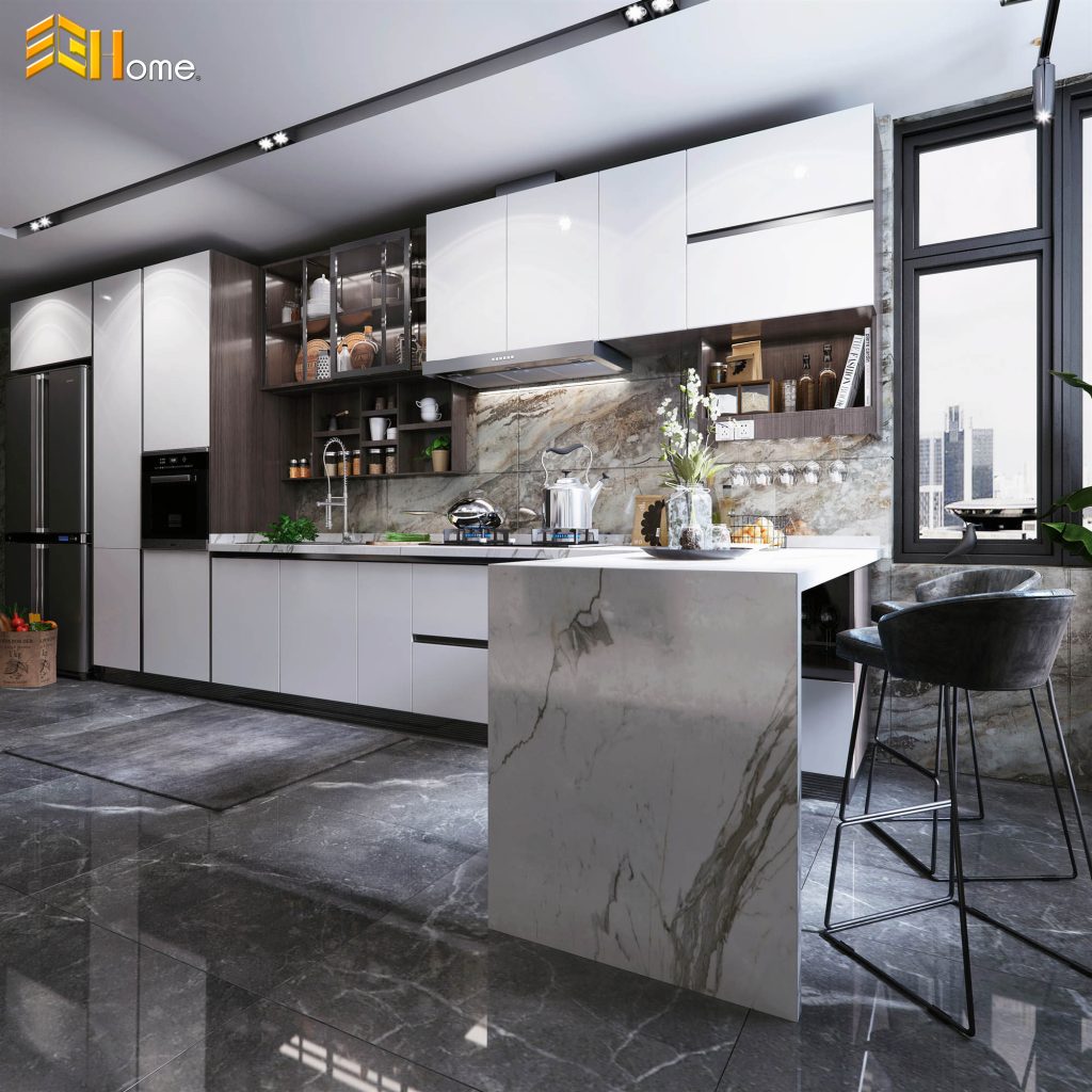 Tủ bếp nhựa màu trắng sang trọng chị Tâm – Củ Chi