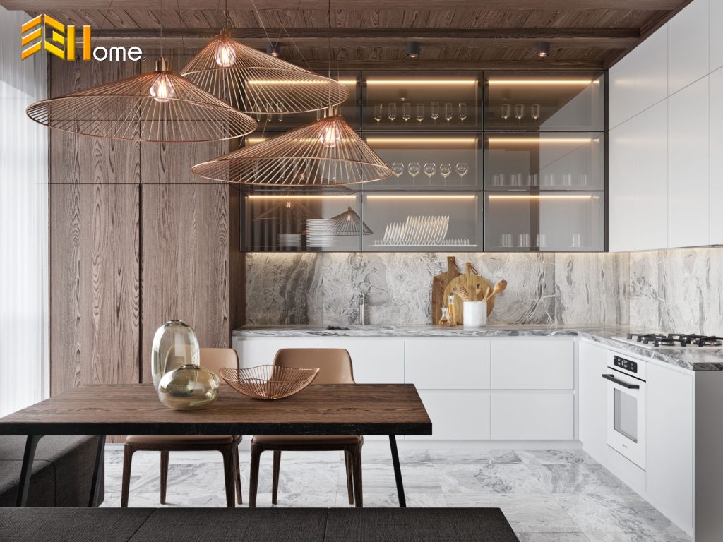 Tủ bếp với cánh kính hiện đại chữ I nhà chị Duyên – Quận 3