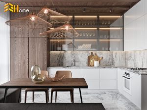 Tủ bếp với cánh kính hiện đại chữ I nhà chị Duyên – Quận 3