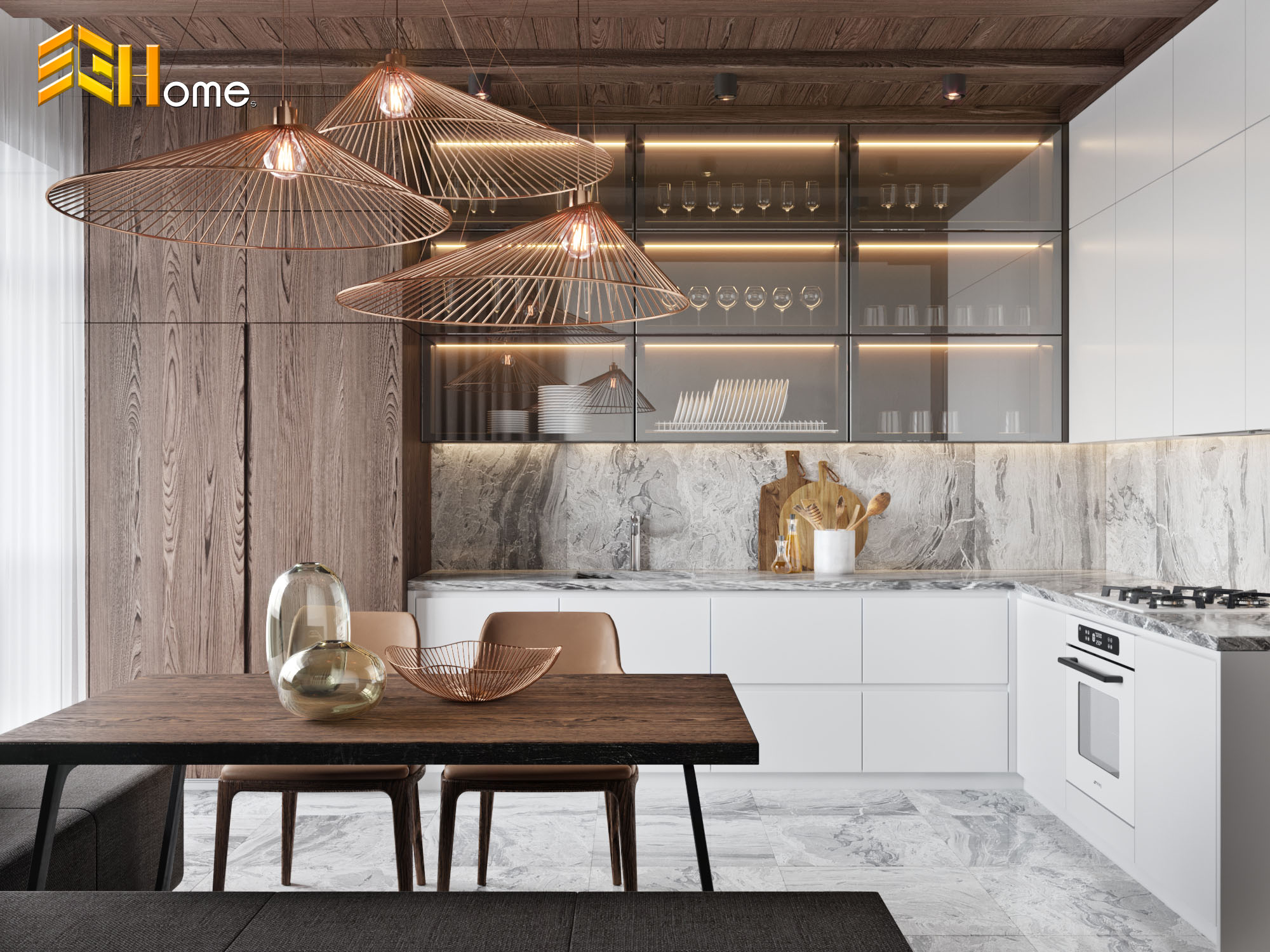 Tủ bếp với cánh kính hiện đại chữ I nhà chị Duyên – Quận 3